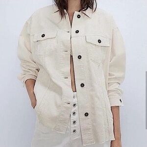 Zara Womens Small Jacket Shacket Shirt Corduroy Ivory Raw Hem